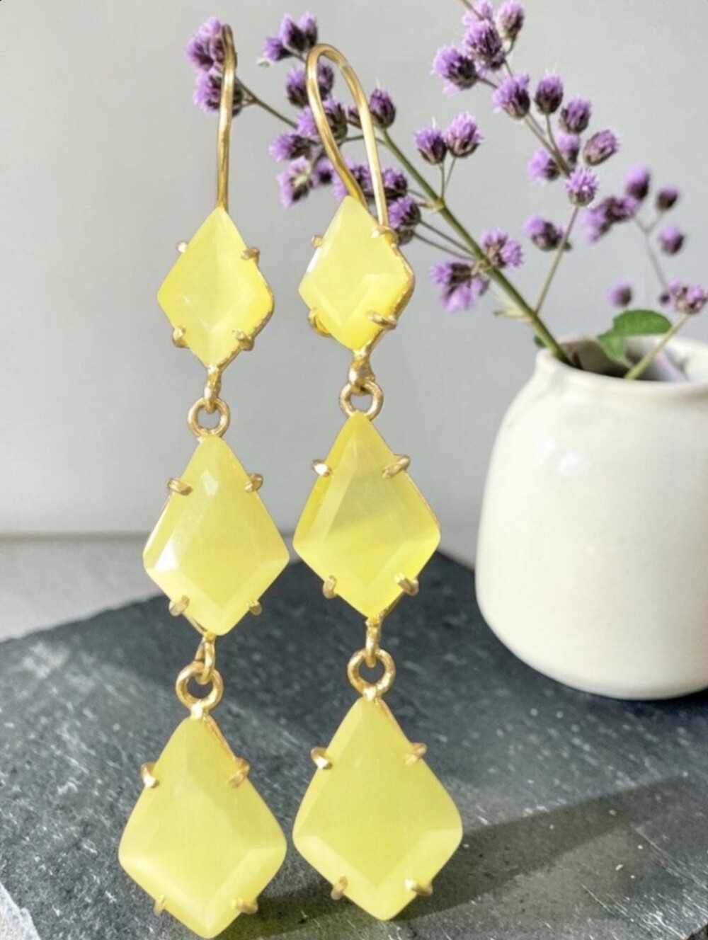 18k Gold Plated Geometric Lemonade Chalcedony Crystal Artisan Dangle Earrings